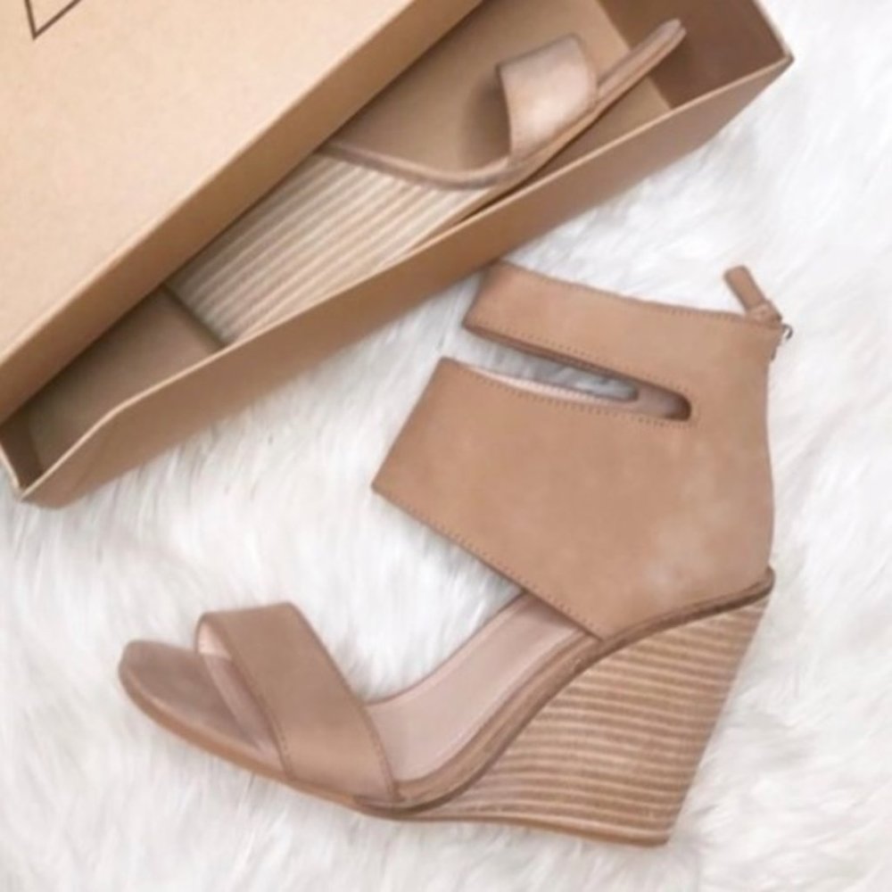 Tan Genuine Leather Cutout Ankle Cuff Wedges
